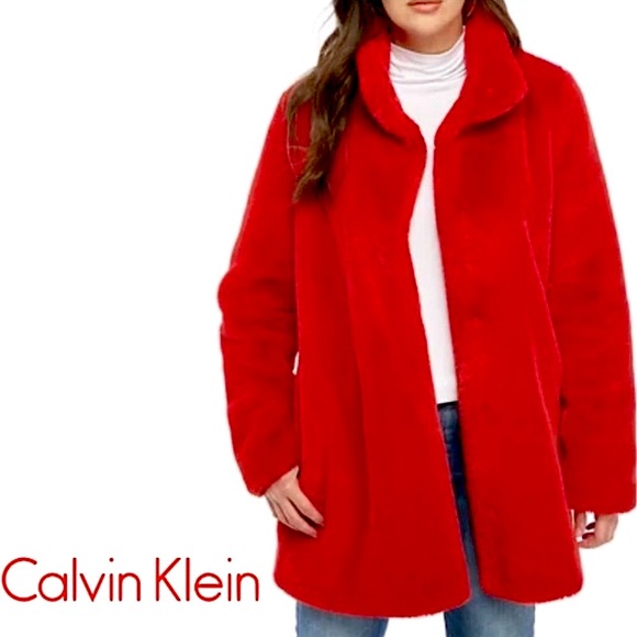 Last Calvin Klein Luxury Red Faux Fur Coat - Picture 5 of 11